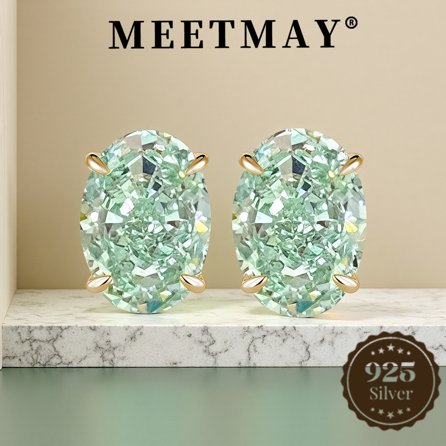 S925 Crushed Ice Cut Mint Green Zirconia Stud Earrings, Hypoallergenic